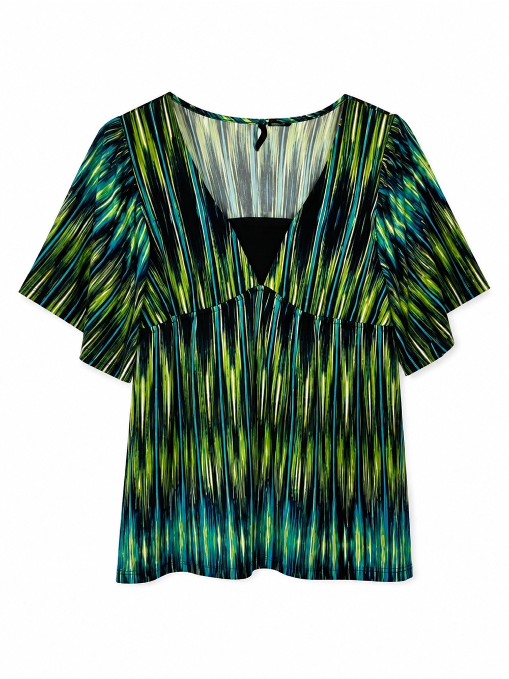 New Directions XL Green Blue Abstract Print Empire Waist Flutter Sleeve Top